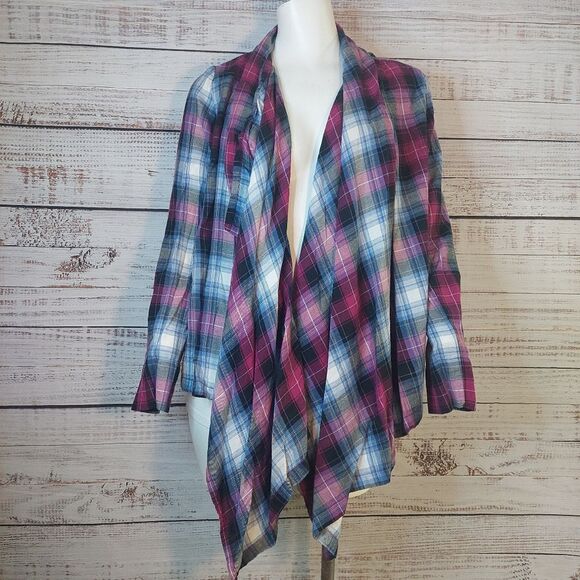 Womans Top sz S/P Pink Purple Black Plaid Open Waterfall Front Long Sleeve - Picture 1 of 7